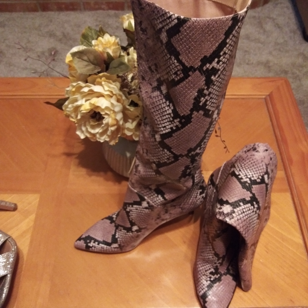Tall cream, black and mauve boot with snake print.